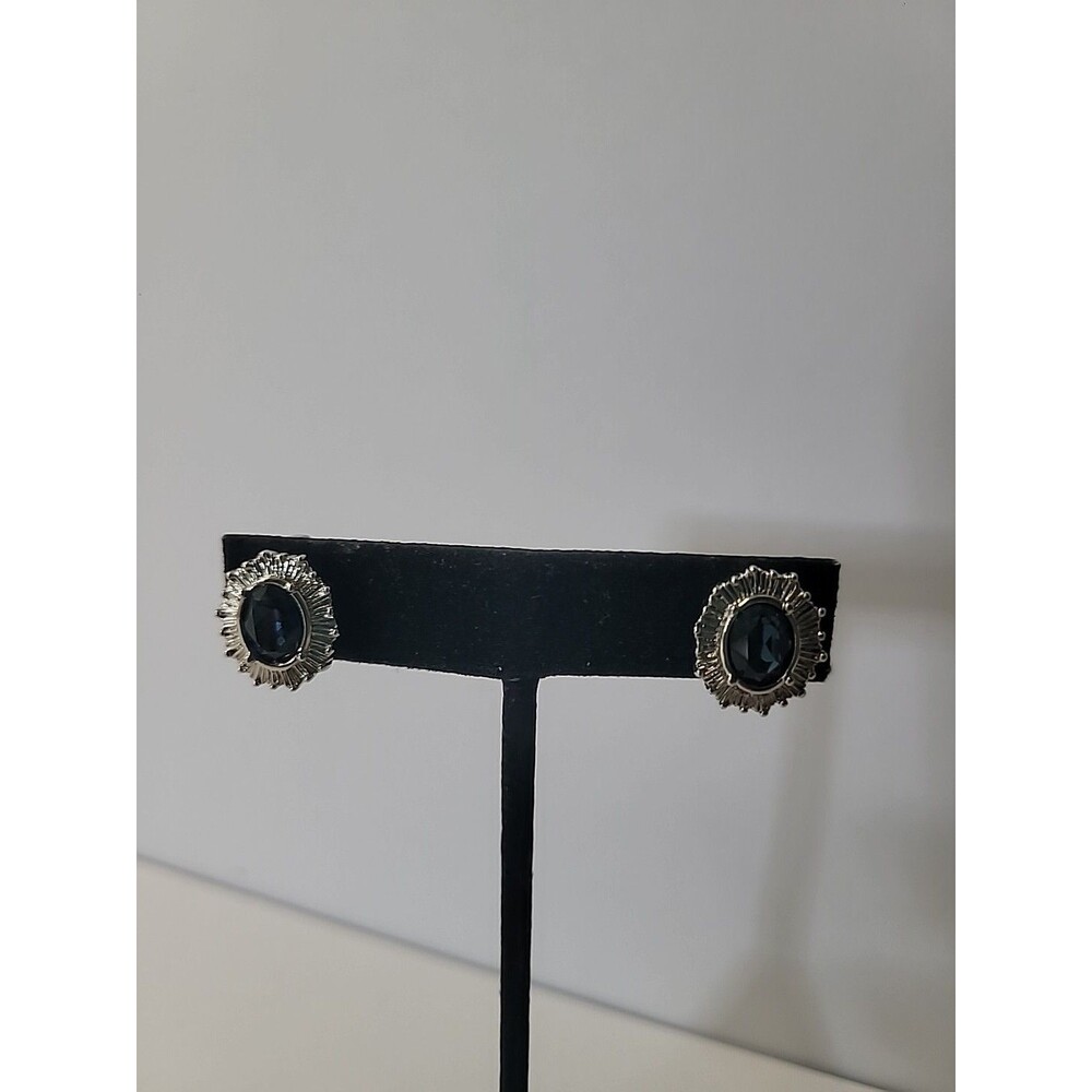 Vintage Blue Rhinestone Clip On Earrings Sunburst Halo Silver Tone Mid Century